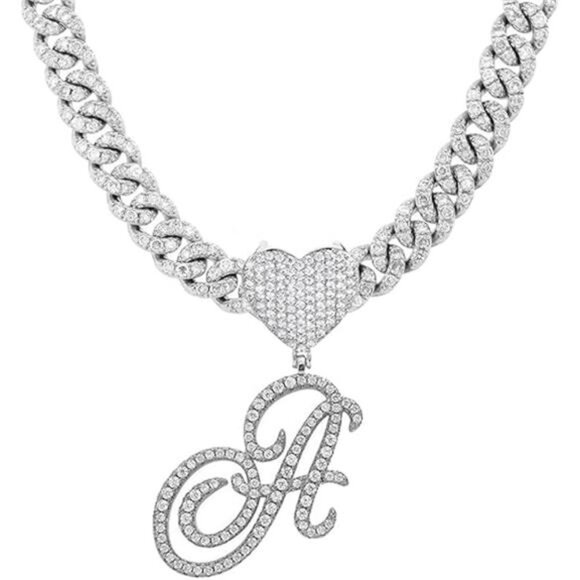 Cuban Link Letter Initial Necklace | Rhinestone Bling Pendant, Sparkly Heart A-Z - Picture 4 of 4